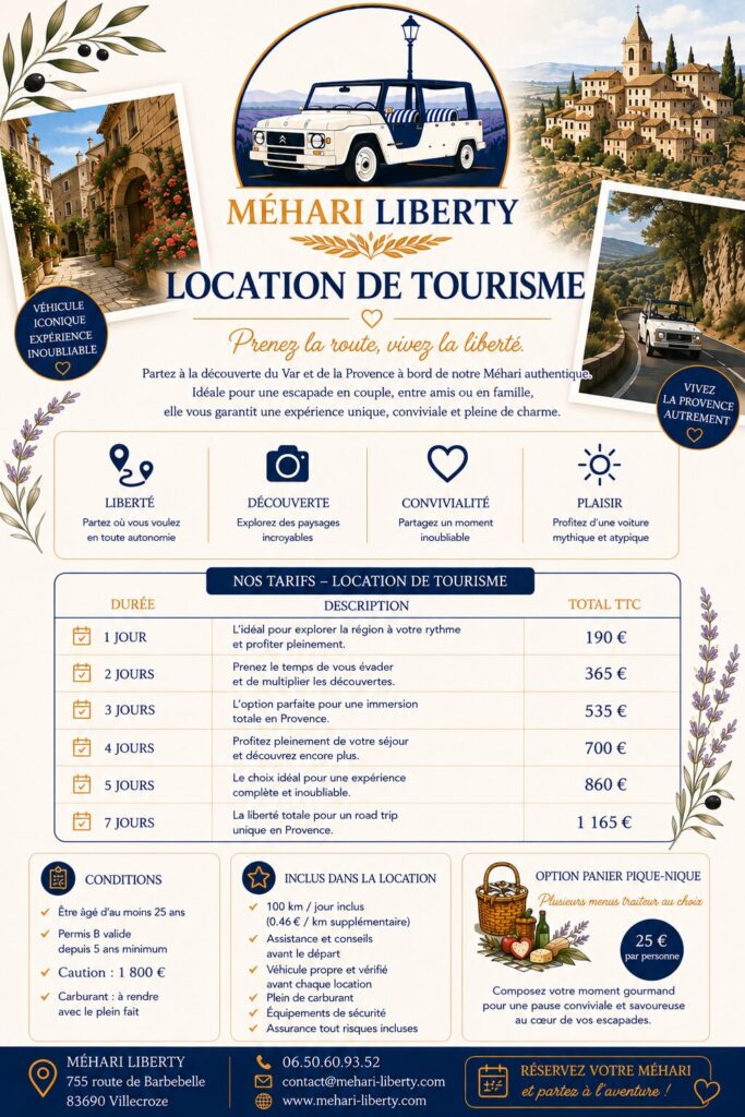 Visuel tarifs location méhari tourisme